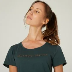 Domyos Camiseta Fitness 500 Mujer Verde Melaza Manga Corta Cuello Redondo Algodón -Musculación camiseta fitness 500 mujer verde melaza manga corta cuello redondo algodon 3