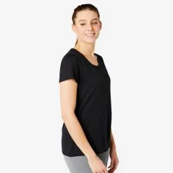 Camiseta Fitness Manga Corta Básica Cuello Redondo Mujer Domyos 500 Negro